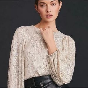 Anthropologie Flat White Sequin Blouse Champagne gold Size XS